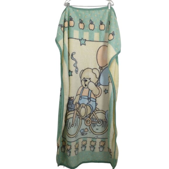 Vintage Teddy Bear Baby yellow blue Blanket Soft Fleece Balloons Bicycle Print - Picture 3 of 14